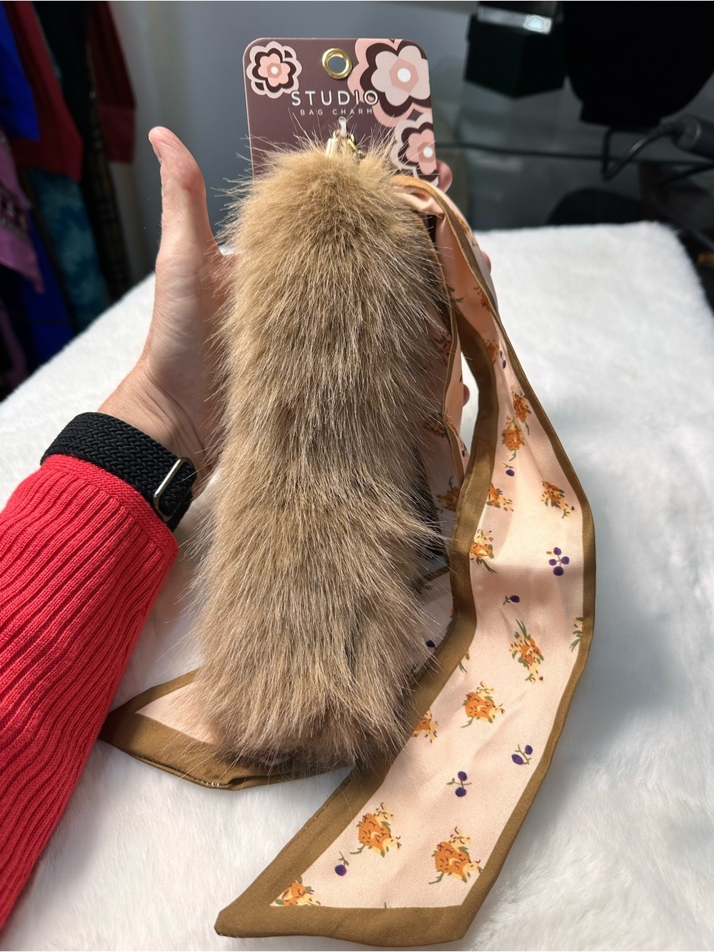 Studio Tan Fur Pom Keychain with Floral Ribbon